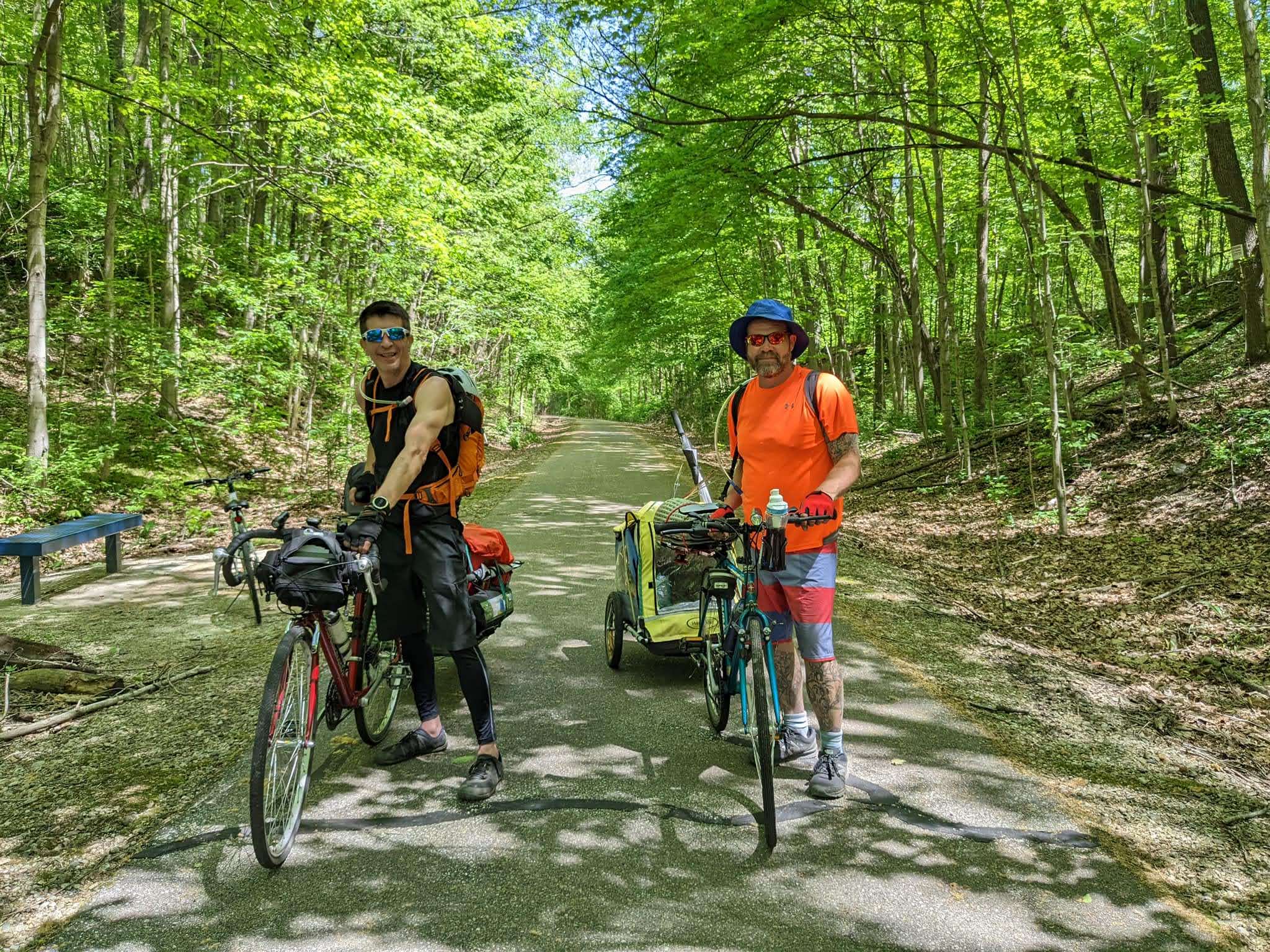 Cyclists in a shaded section of the trail