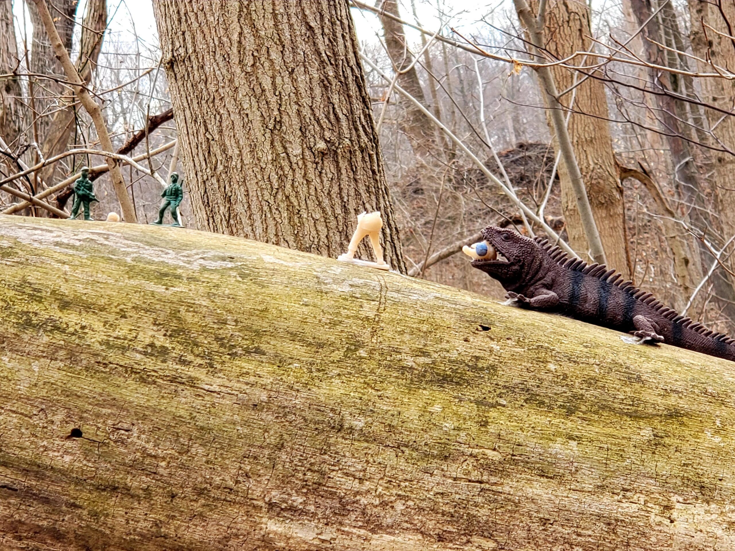 Toy army men and a dinosaur figurine staged on a mossy fallen log in the woods